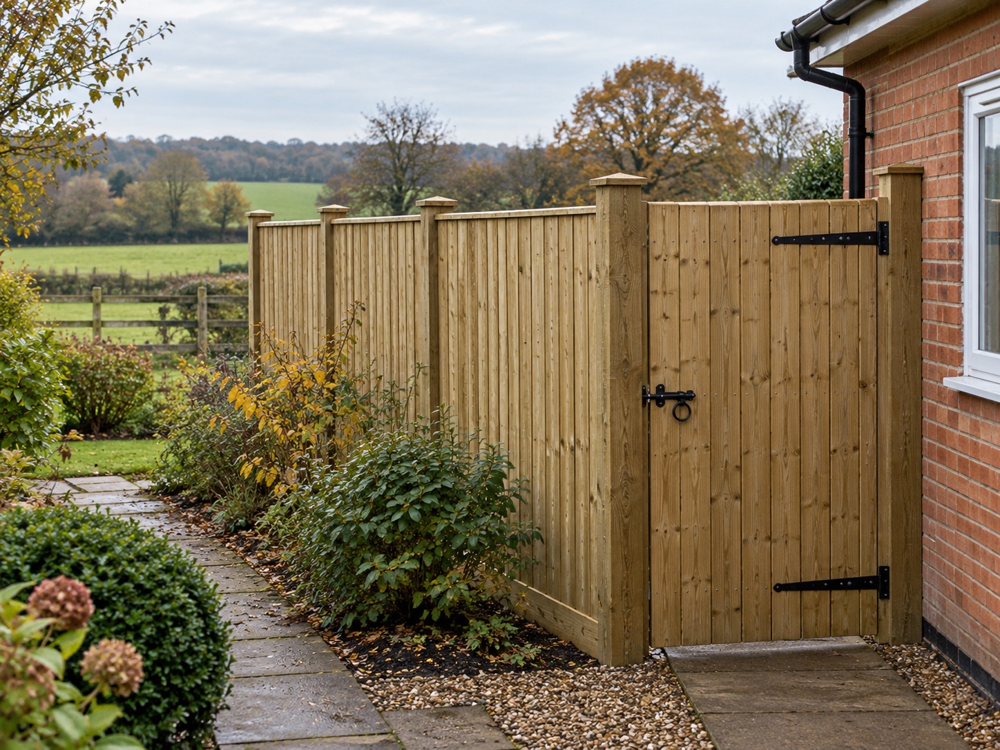 Timber garden fence and pedestrian gate beside a brick house, with fields beyond