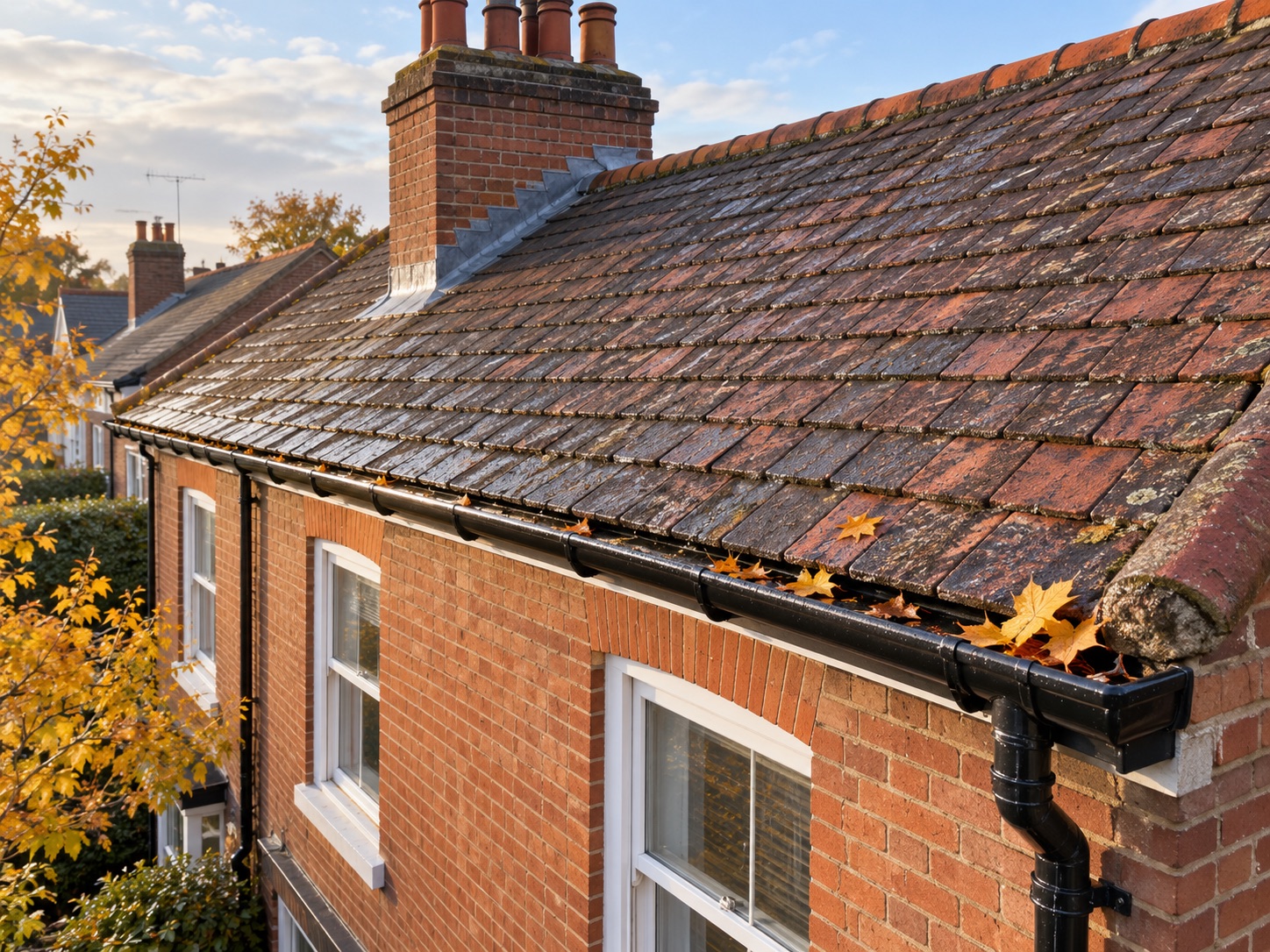 Tiled roof, chimney and rainwater gutter on an illustrative British terraced house in autumn
