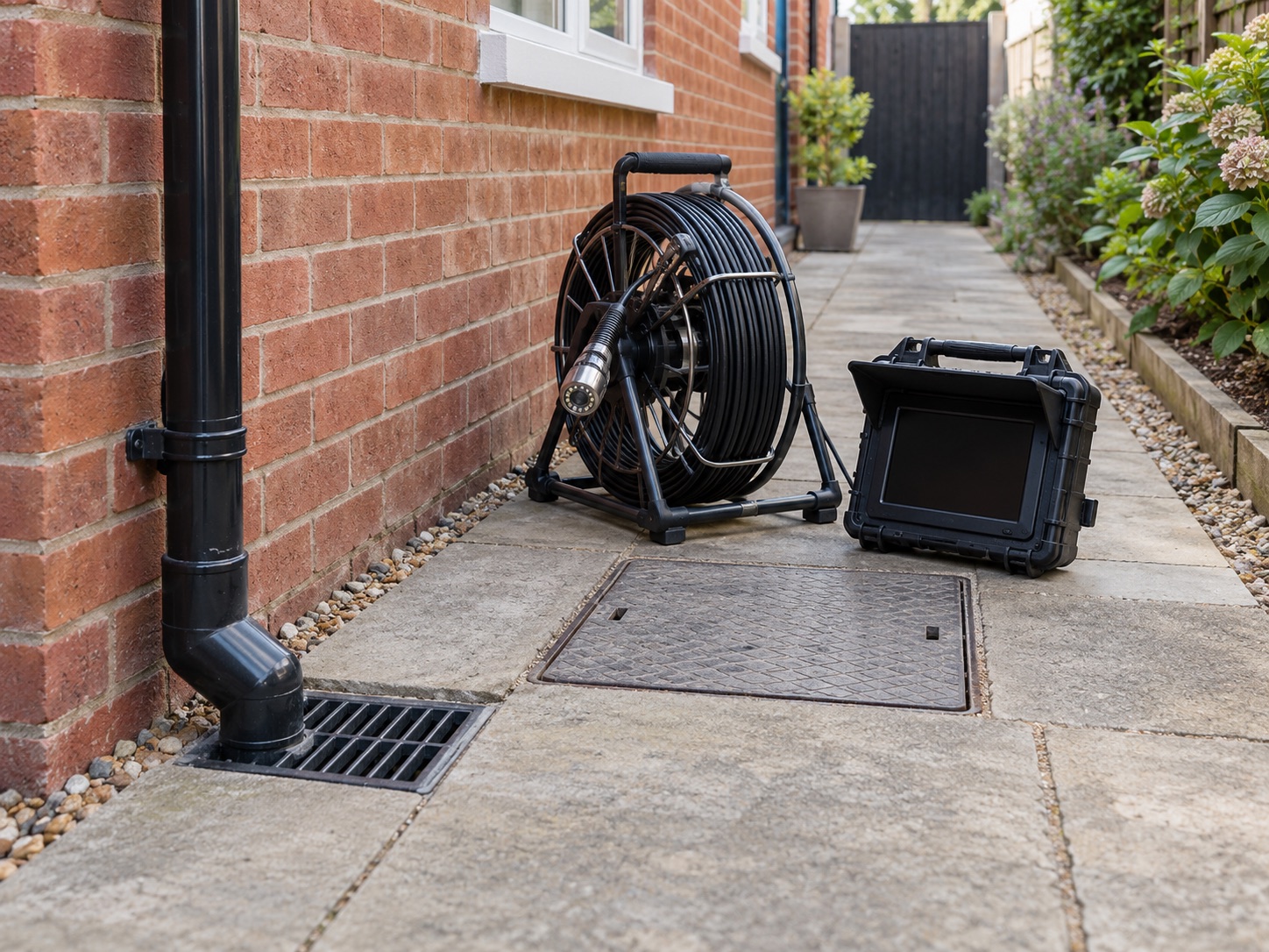 Drain inspection camera equipment beside a closed chamber cover and rainwater drain at a brick house